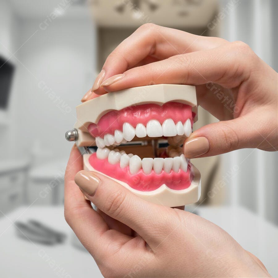 Foto Mãos Segurando Prótese Dentária Modelo Odontológico