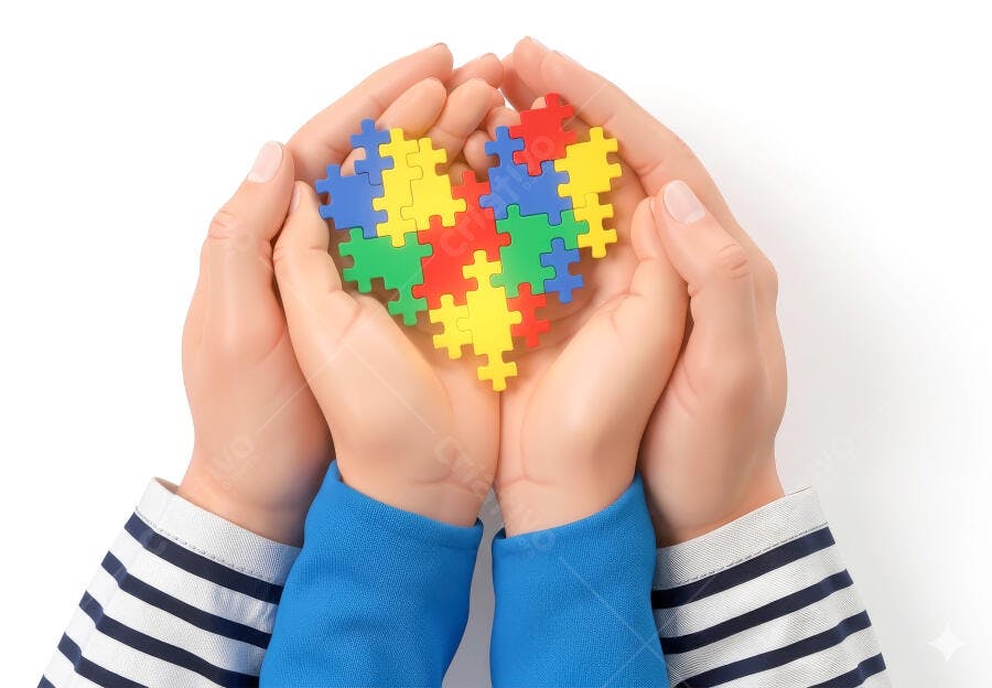 Foto Mãos Adulto e Criança Segurando Quebra-Cabeça Coração Autismo