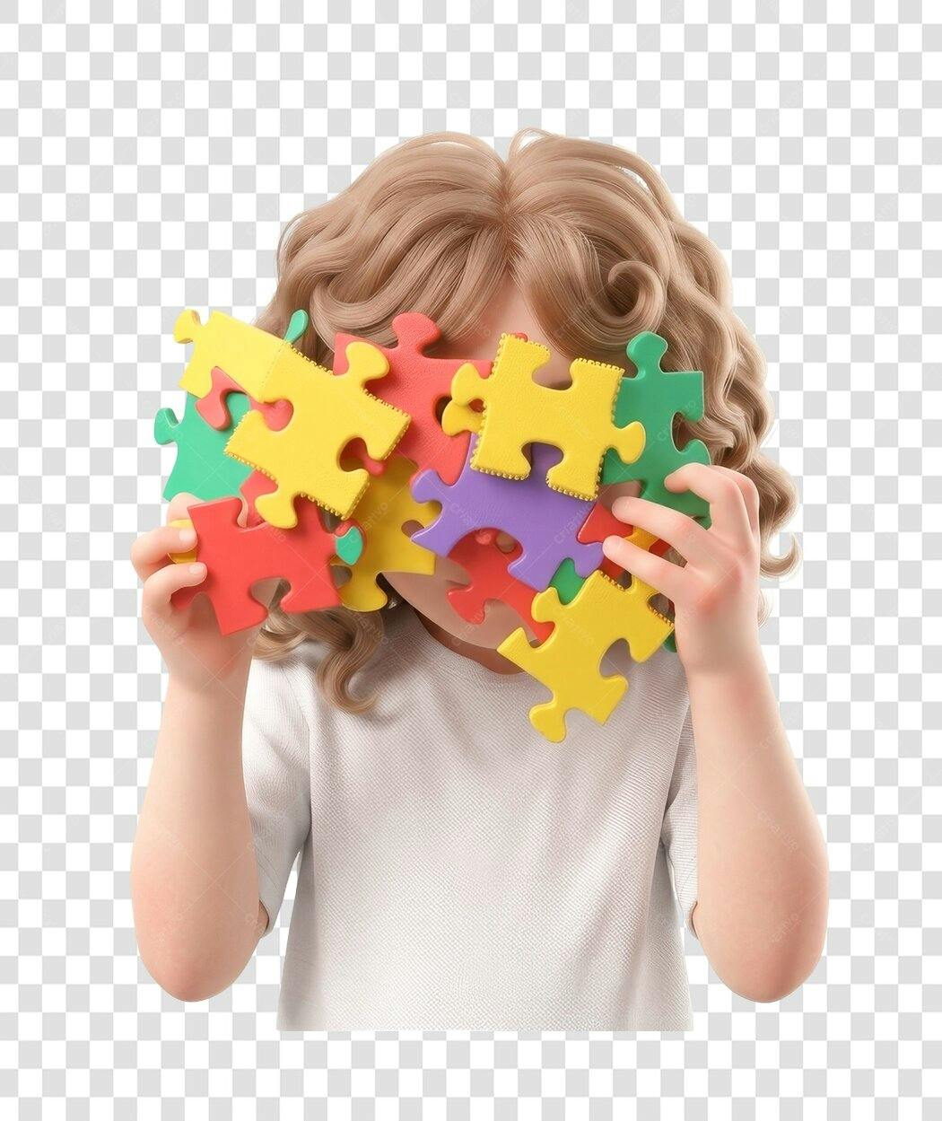 Foto Recortada Criança Brincando Quebra-Cabeça Colorido PNG Fundo Transparente