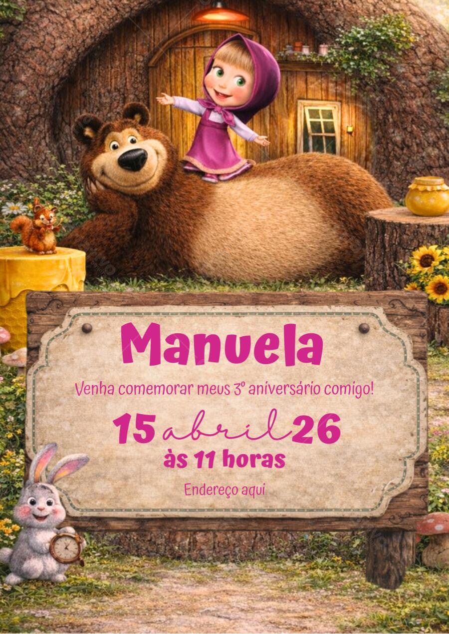 Convite de Aniversário Infantil Masha e o Urso Editável no Canva