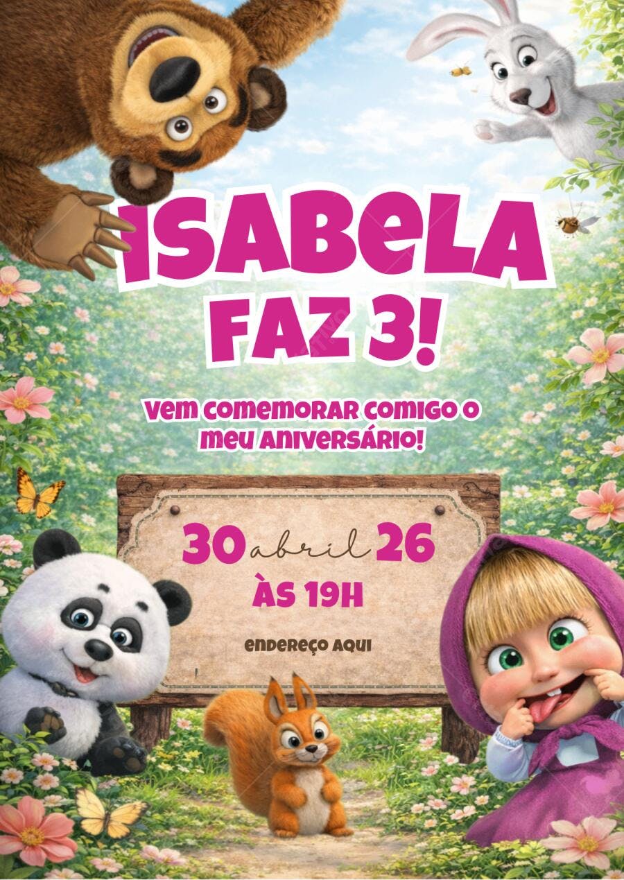 Convite de Aniversário Infantil Masha e o Urso Editável no Canva
