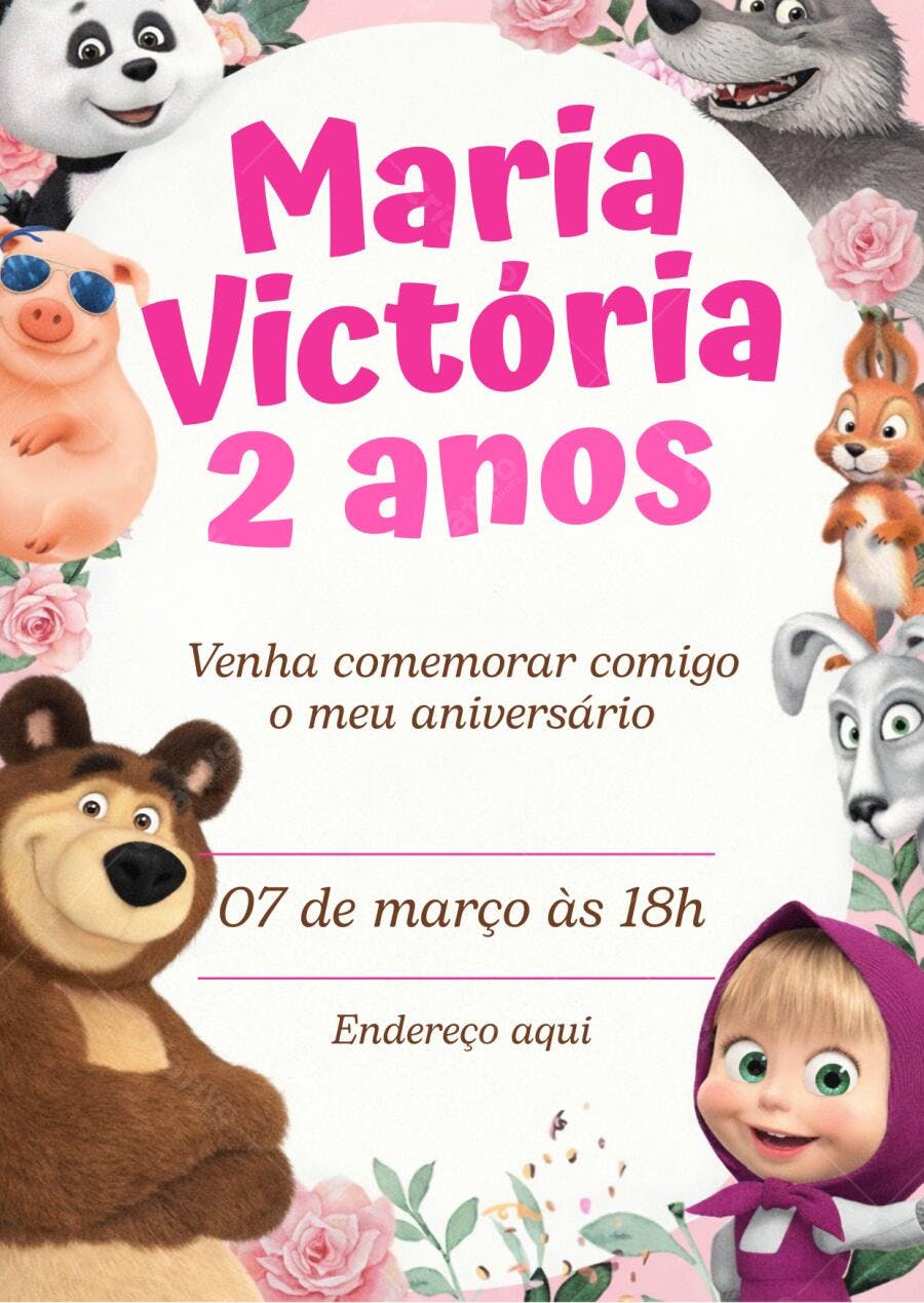 Convite de Aniversário Masha e o Urso Editável no Canva