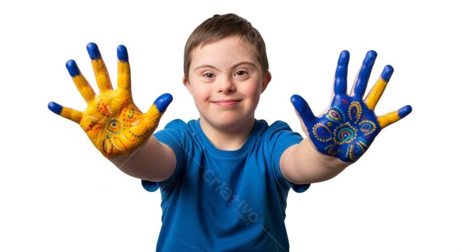 Foto Menino Síndrome de Down Mãos Pintadas Sorrindo Fundo Branco