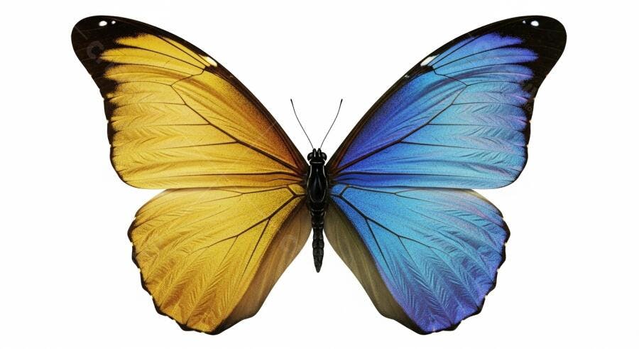 Foto Borboleta Metade Azul Metade Amarela Fundo Branco