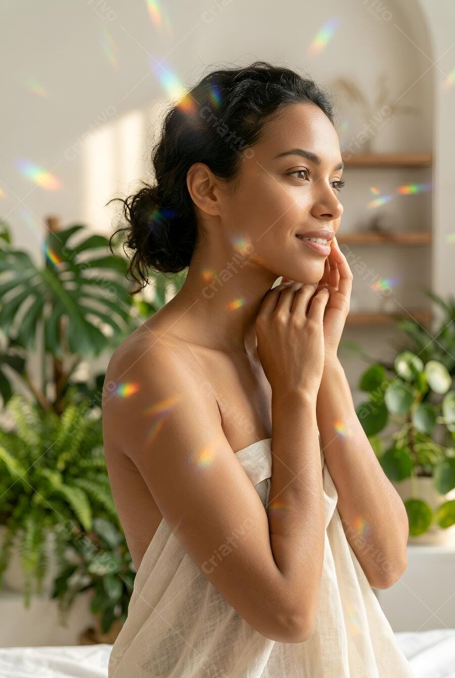 Foto Mulher Jovem Sorrindo Cuidado Pele Natural Plantas