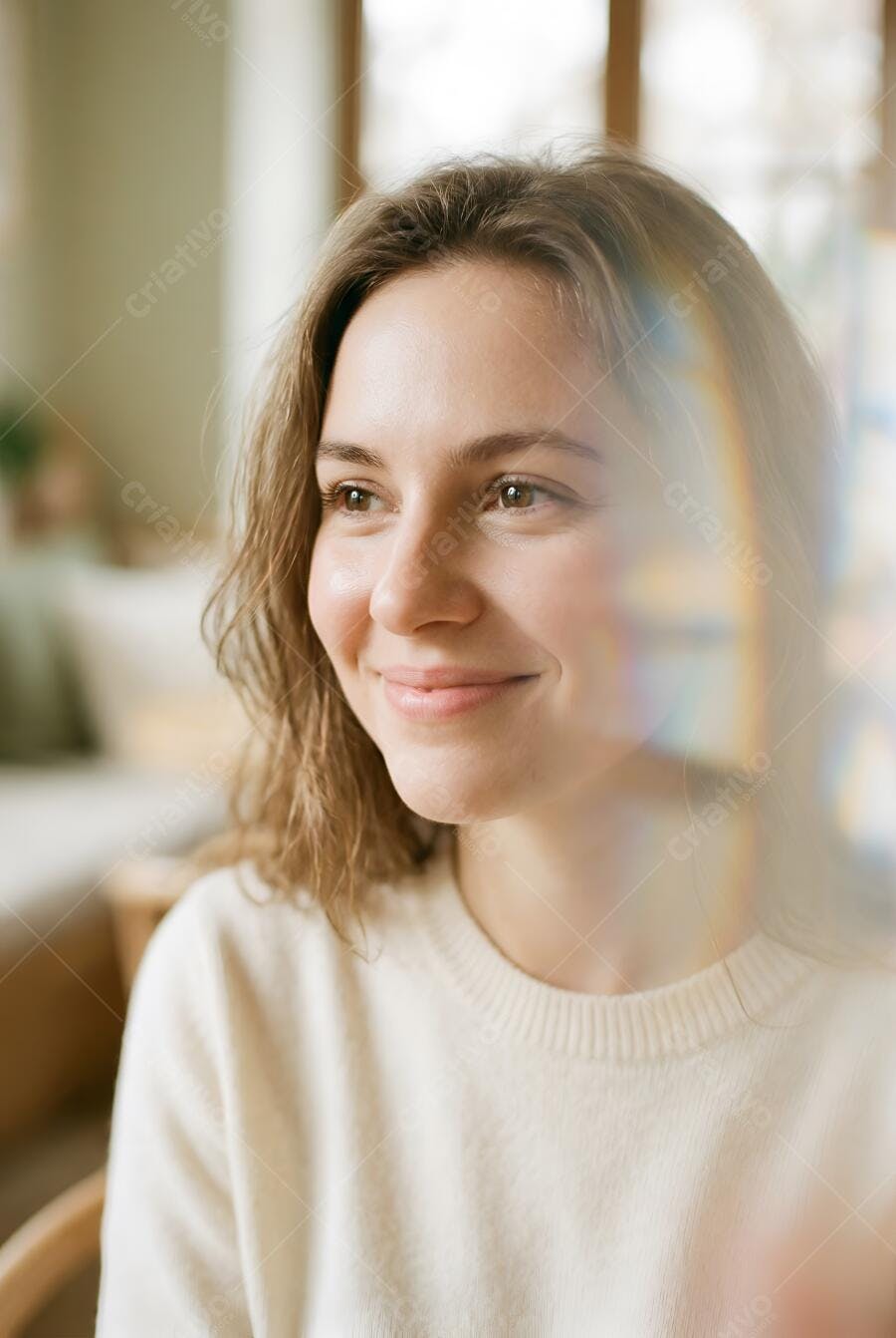 Foto Mulher Jovem Sorrindo Olhando para o Lado com Flare de Luz Natural