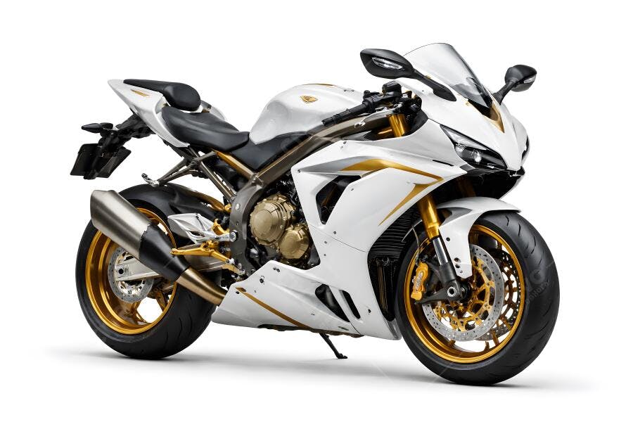 Foto Moto Esportiva Branca Dourada Estúdio Fundo Branco