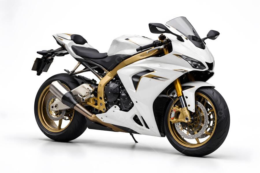 Foto Moto Esportiva Branca Dourada Estúdio Fundo Branco
