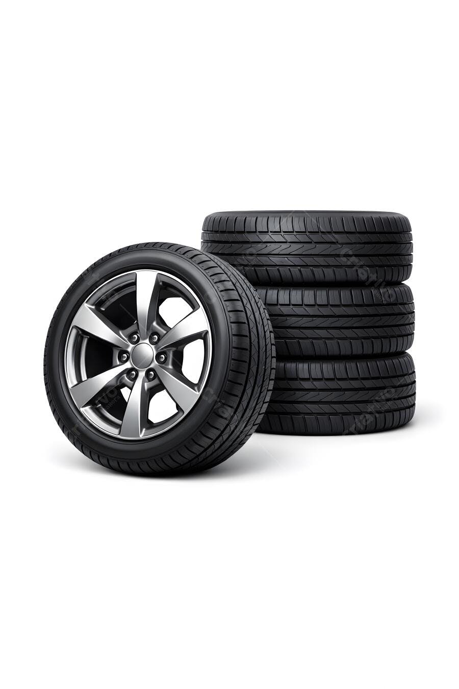 Foto Pneu Automotivo com Roda Esportiva e Pilha de Pneus Fundo Branco