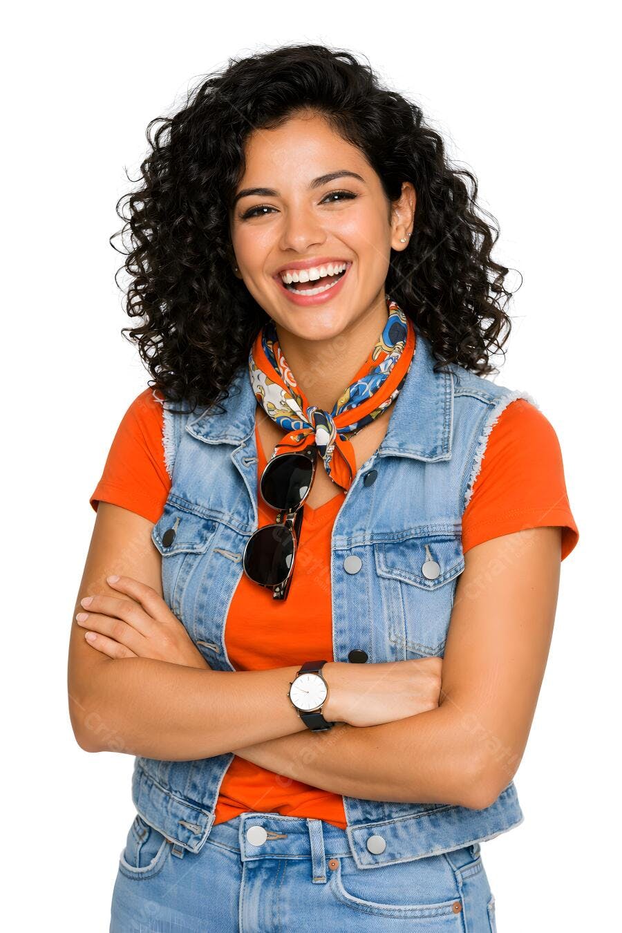 Foto Mulher Jovem Sorrindo Braços Cruzados Fundo Branco