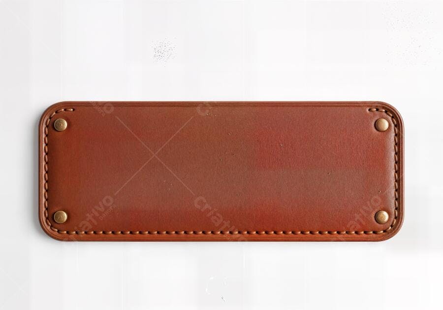 Foto Etiqueta Couro Marrom Retangular Costurada Fundo Branco