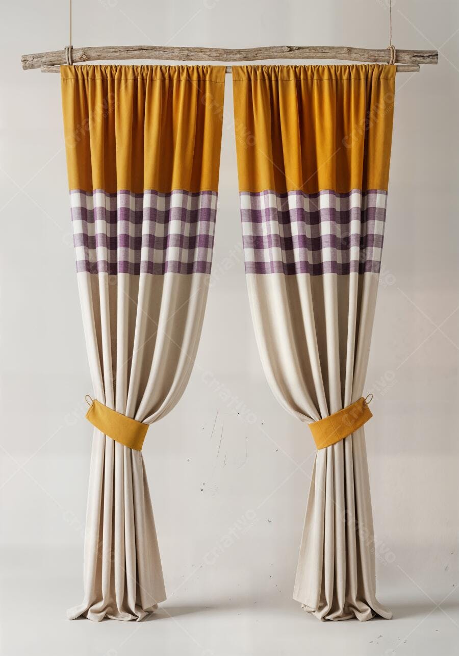 Foto Cortinas Rústicas Amarelas Xadrez Lilás Decoração Casa