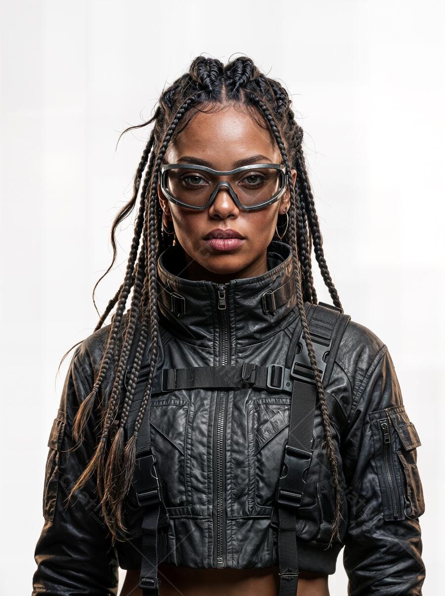Foto Mulher Negra Tranças Óculos Proteção Jaqueta Preta