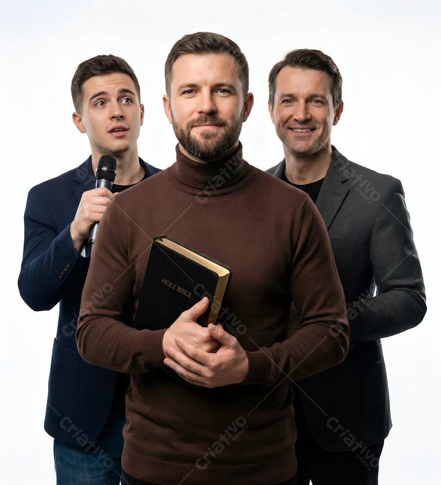 Foto Homens Cristãos Segurando Bíblia Microfone Estúdio