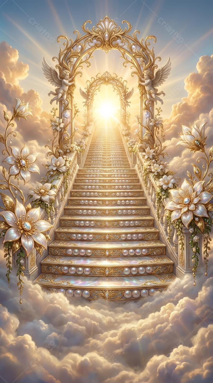 Escadaria Dourada para o Céu com Anjos e Nuvens Iluminadas
