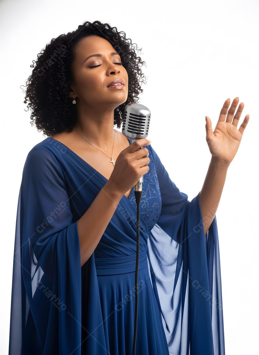 Foto Cantora Negra Vestido Azul Microfone Vintage