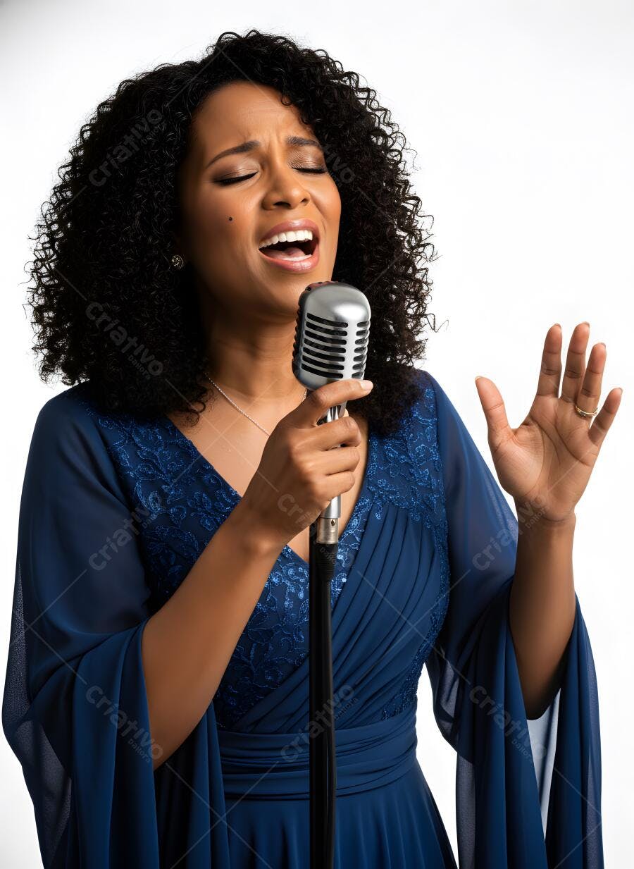 Foto Mulher Negra Cantando Microfone Antigo Estúdio Branco