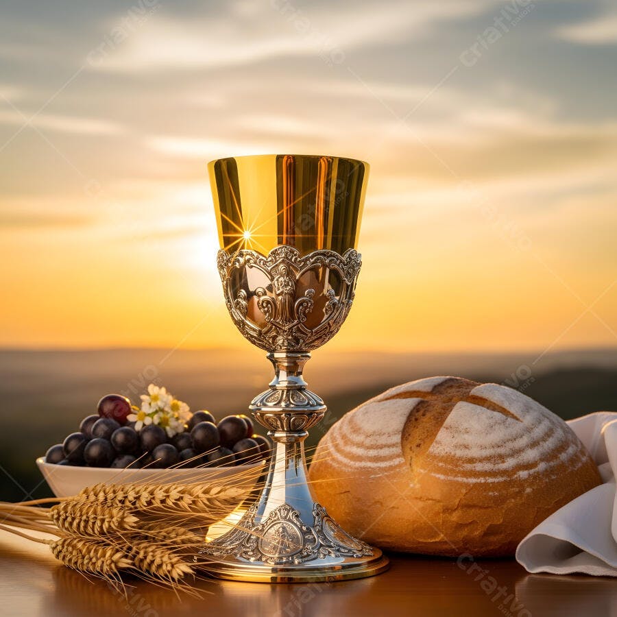 Foto Cálice Eucaristia Pão Uvas Trigo Por do Sol