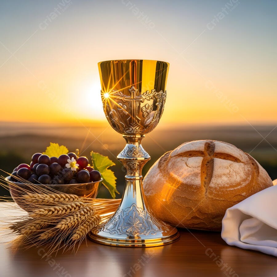 Foto Cálice Eucaristia Pão Vinho Trigo Pôr do Sol