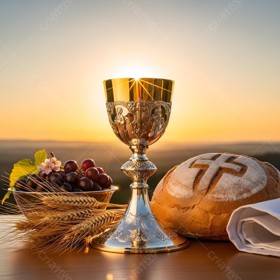 Foto Cálice Uvas Pão Eucaristia Ceia do Senhor Pôr do Sol
