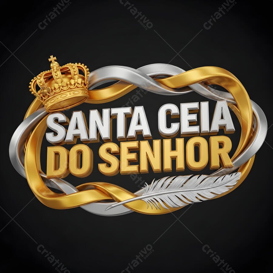 Logo Santa Ceia do Senhor Coroa e Pena Dourado Prata 3D