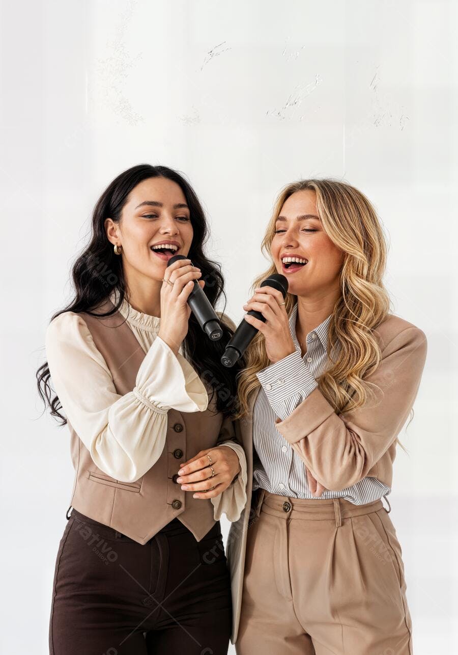 Foto Duas Mulheres Cantando Karaokê Microfone Estúdio Branco