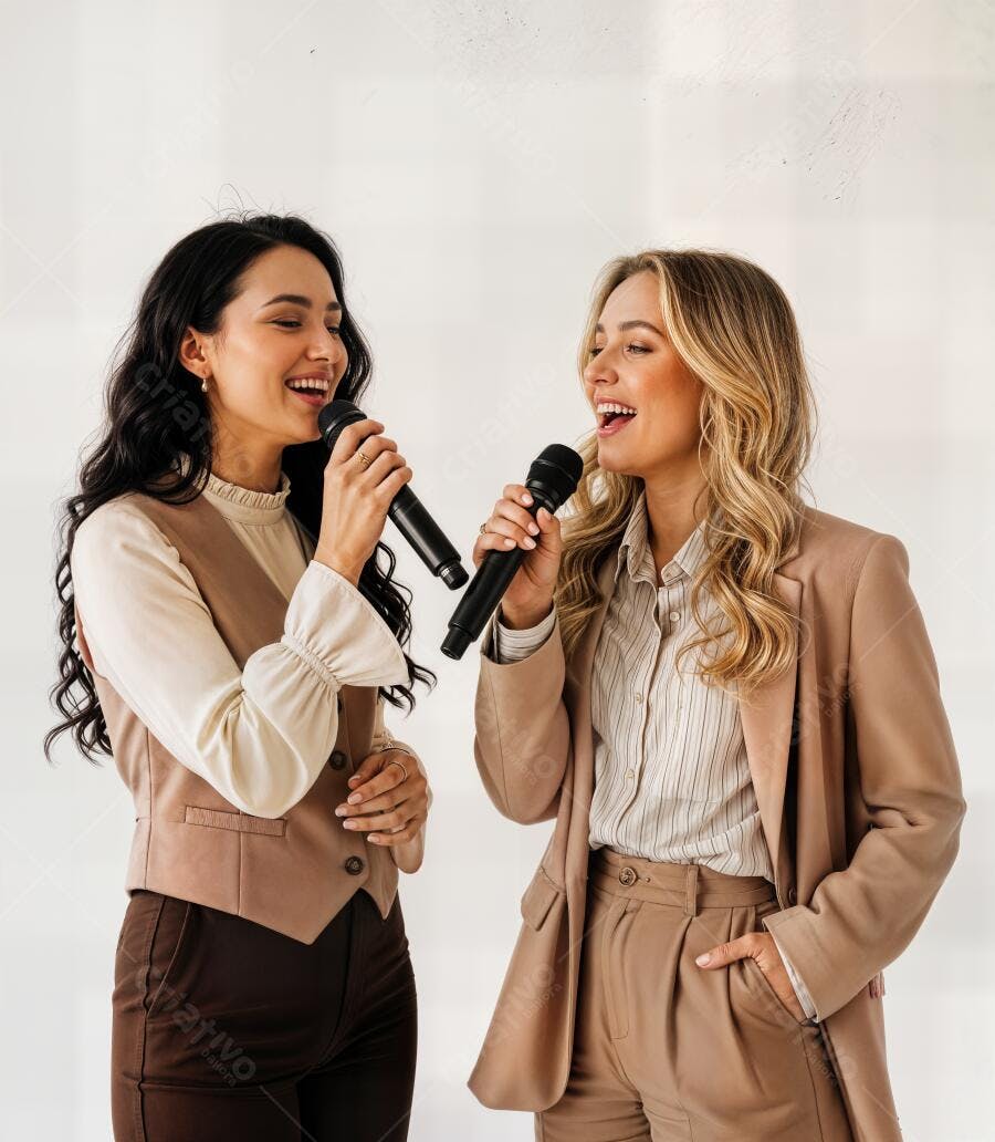 Foto Mulheres Cantando Karaokê Microfones Fundo Branco Estúdio