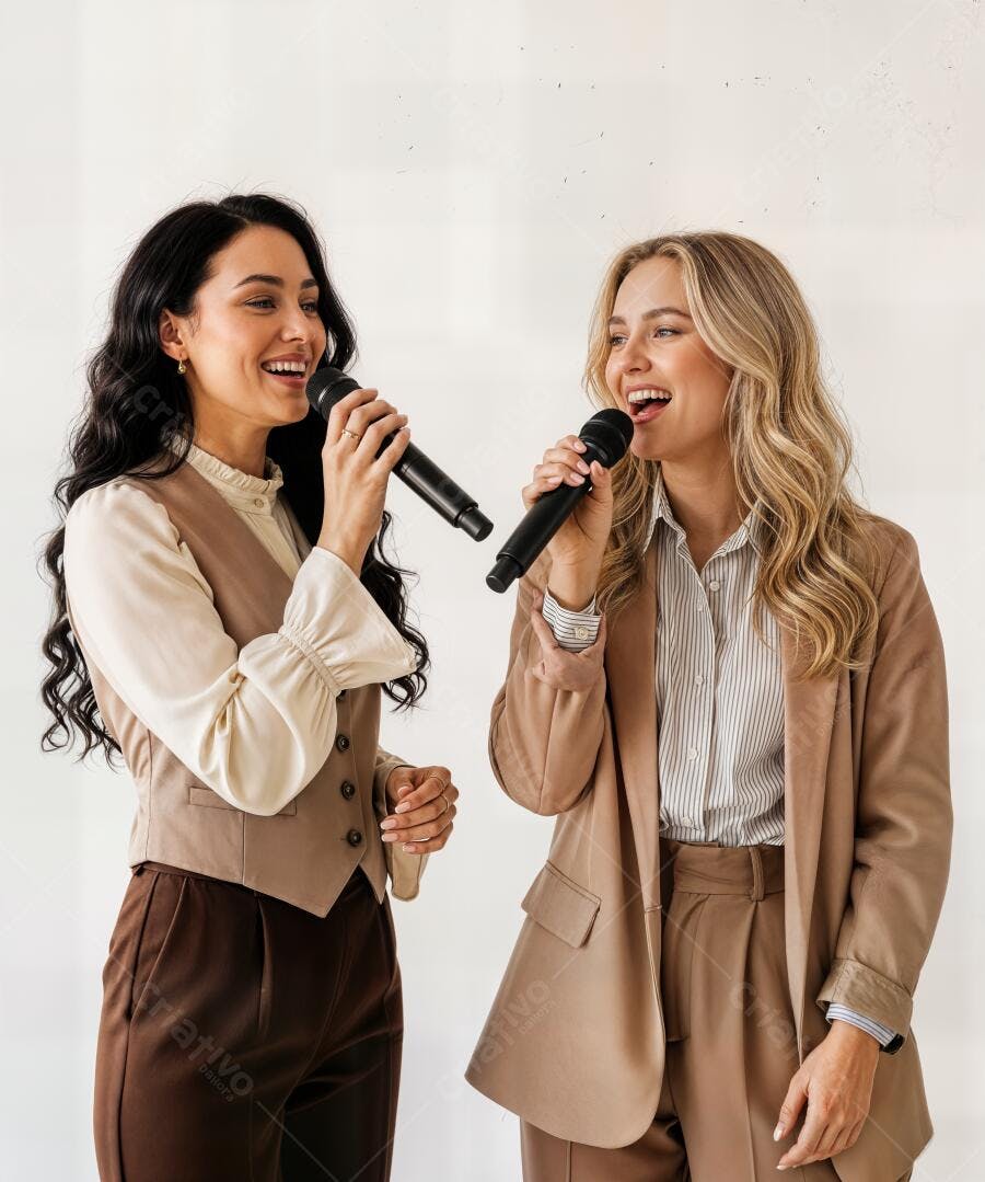 Foto Mulheres Cantando Karaokê Microfone Sorrindo