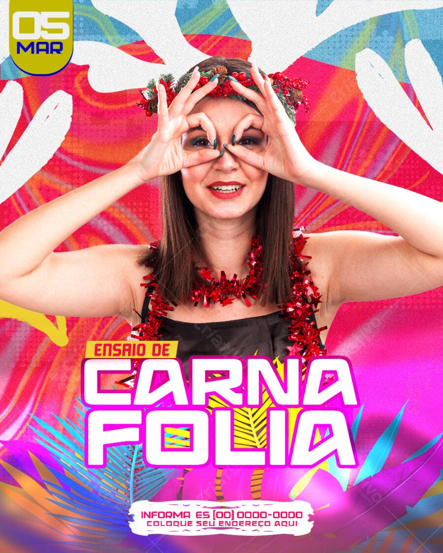 Flyer Ensaio Carna Folia Carnaval Março PSD Editável