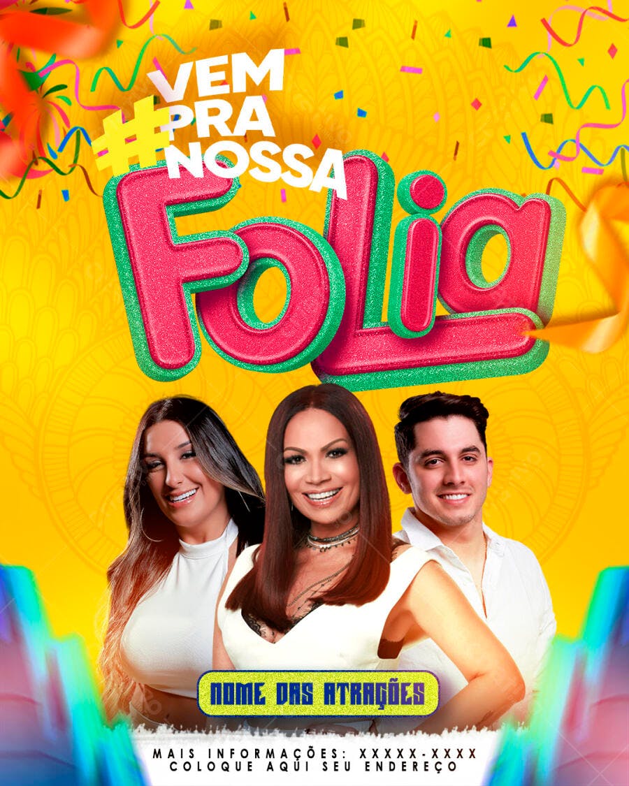 Flyer Carnaval Folia Festa Bloco PSD Editável