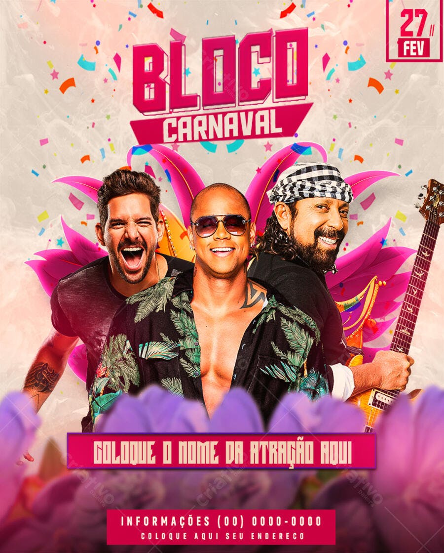 Flyer Bloco Carnaval Fevereiro PSD Editável