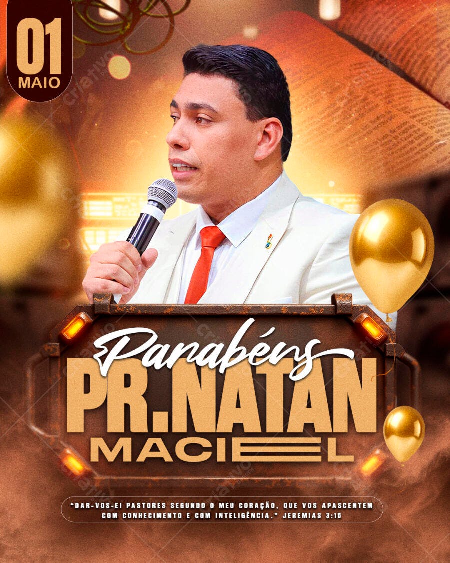 Flyer Aniversário Pastor Evangélico 01 de Maio PSD Editável