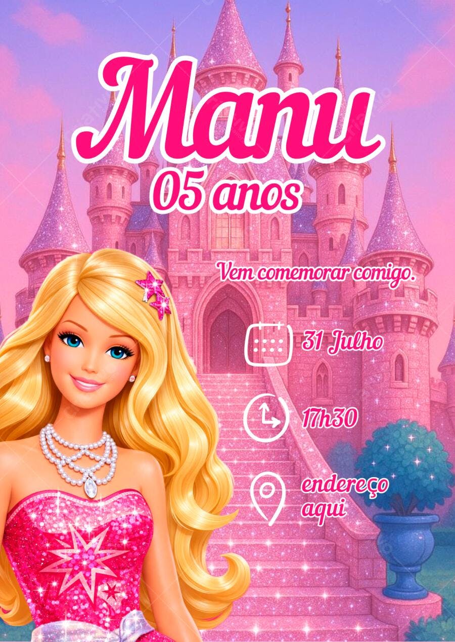Convite de Aniversário Infantil Barbie Rosa Editável no Canva