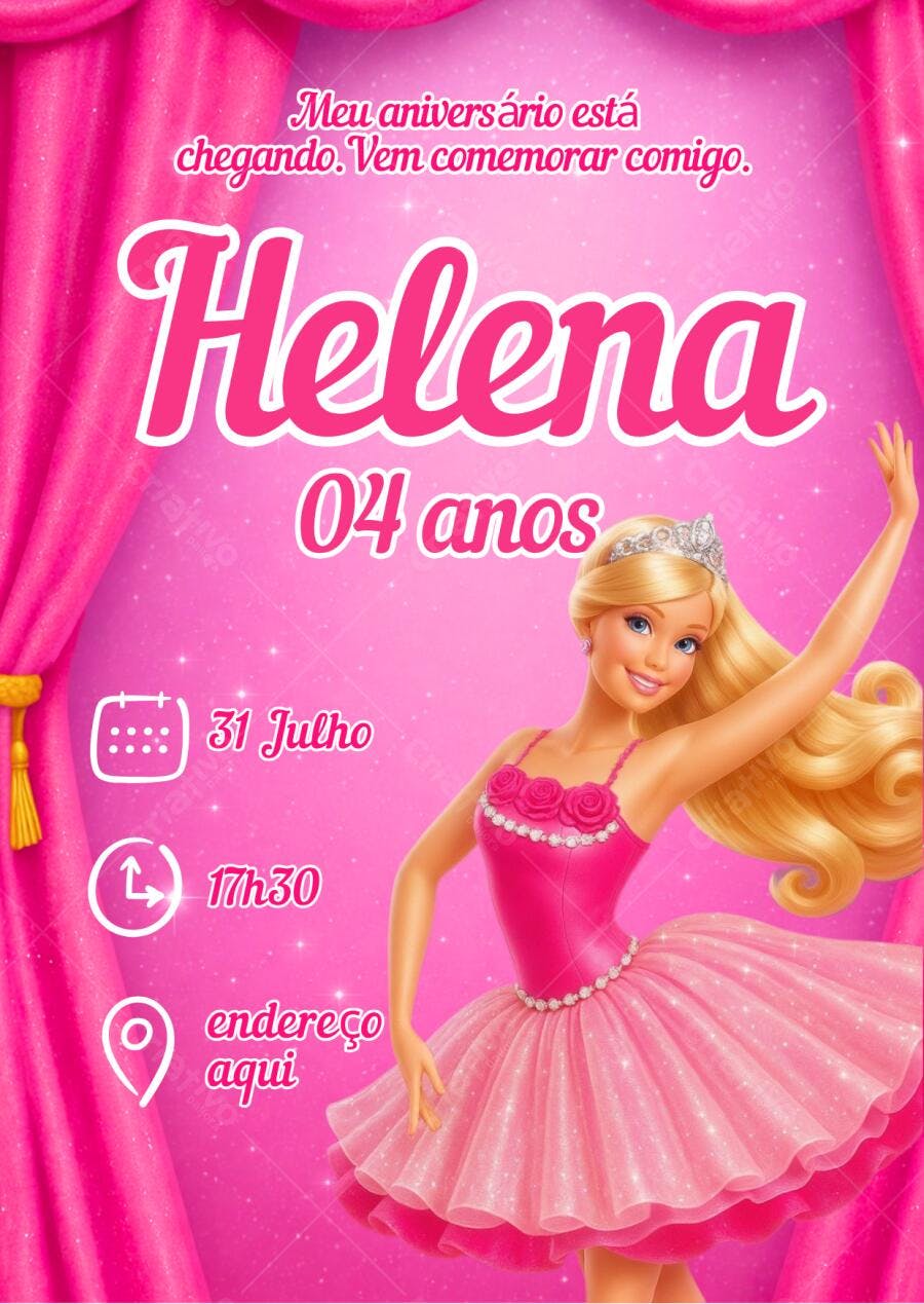 Convite de Aniversário Infantil Barbie Bailarina Rosa Editável no Canva