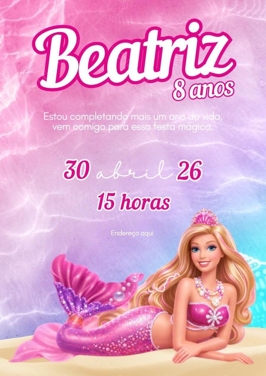 Convite de Aniversário Infantil Sereia Barbie Rosa e Lilás Editável no Canva