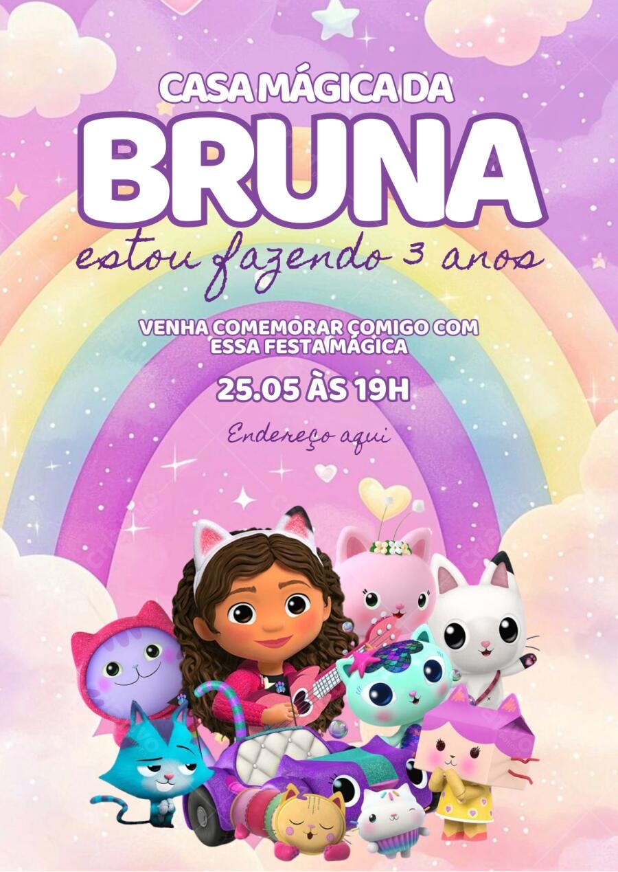Convite de Aniversário Infantil Casa Mágica da Bruna Editável no Canva
