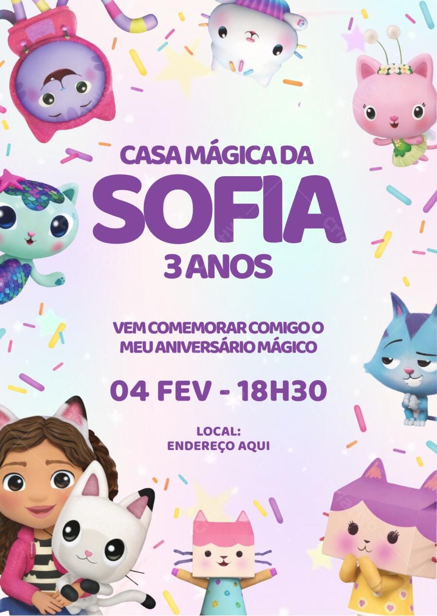 Convite de Aniversário Infantil Sofia Casa Mágica Editável no Canva