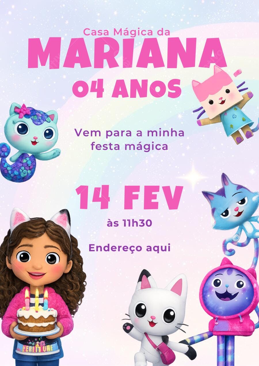 Convite Festa Infantil Casa Mágica da Malu Editável no Canva