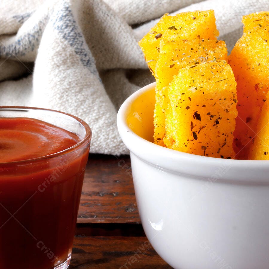 Foto Polenta Frita Palitos Tigela Branca Molho Tomate