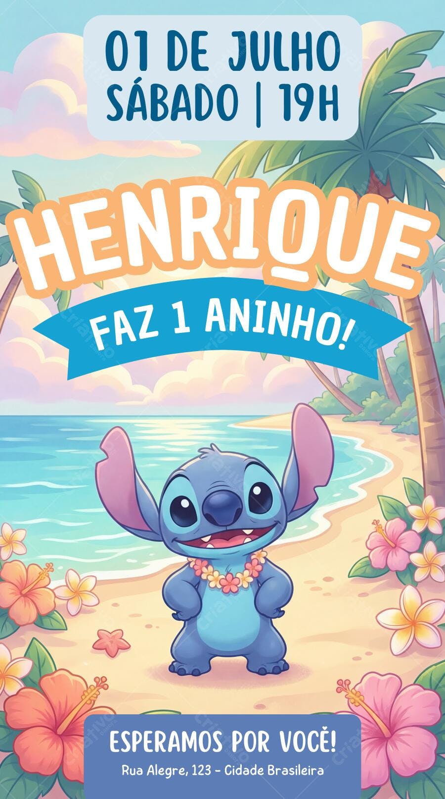 Convite Aniversário Stitch 1 Ano Praia Editável
