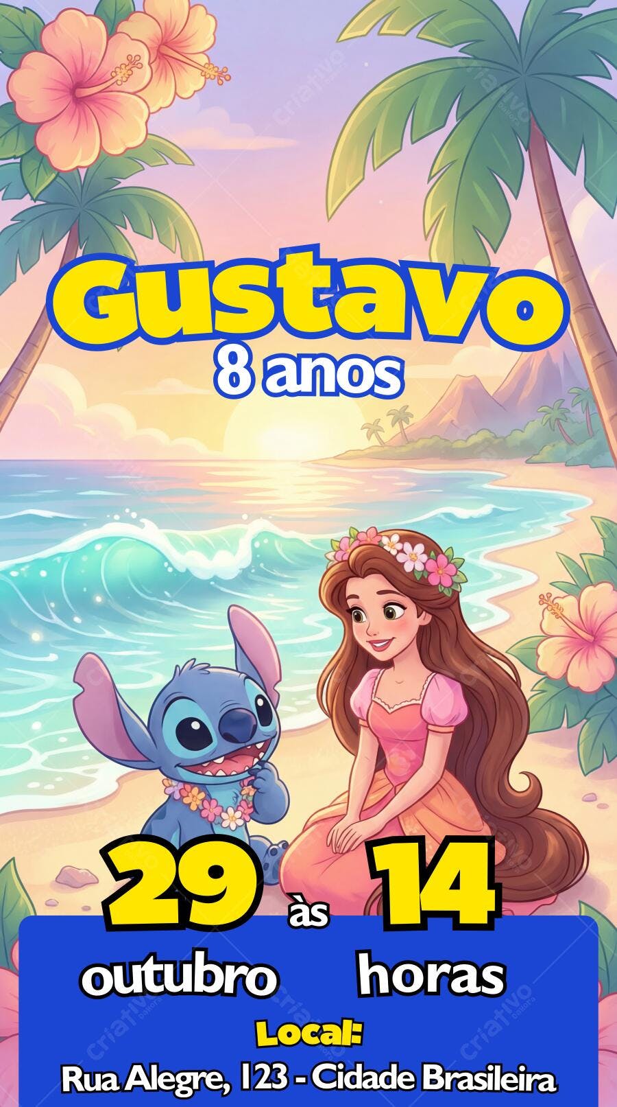 Convite Aniversário Stitch Lilo Havaiano 8 Anos Editável