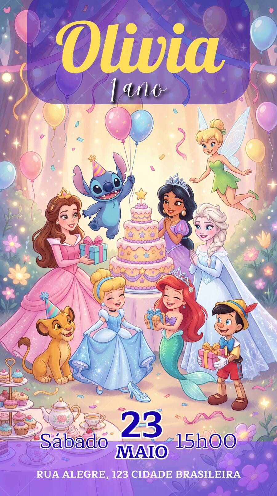 Convite Aniversário Princesas Disney Stitch 1 Ano Editável