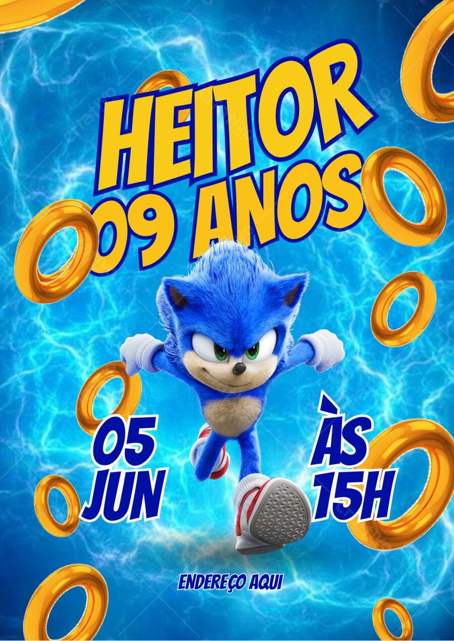 Convite Festa Infantil Sonic Editável no Canva
