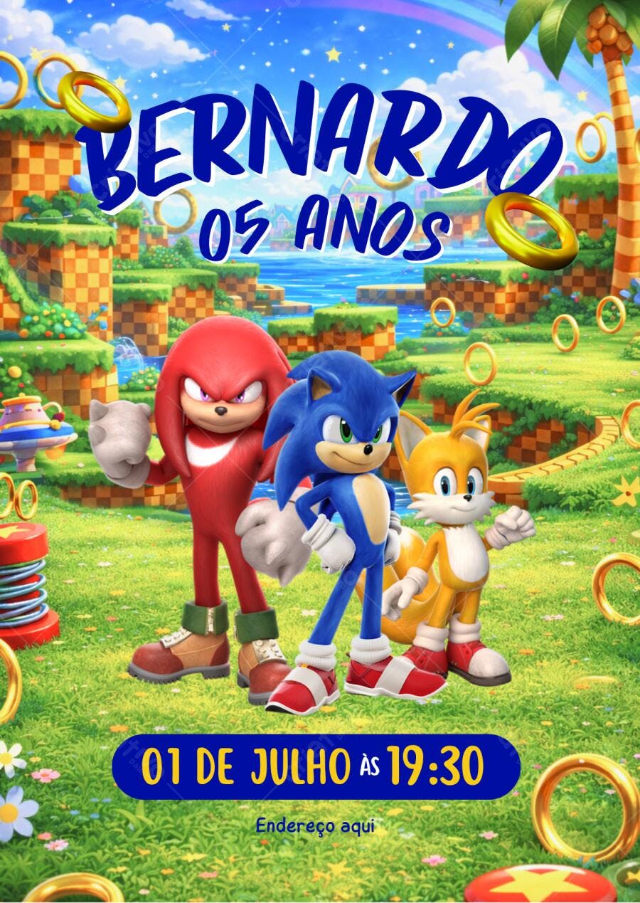Convite de Aniversário Sonic 5 anos Editável no Canva