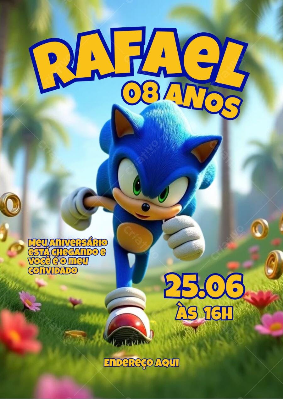 Convite de aniversário infantil Sonic 8 anos Editável no Canva