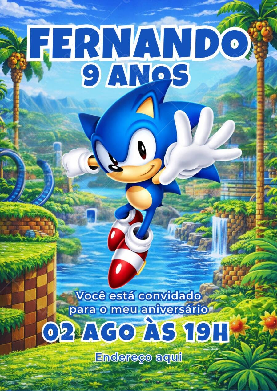 Convite de aniversário infantil Sonic Editável no Canva
