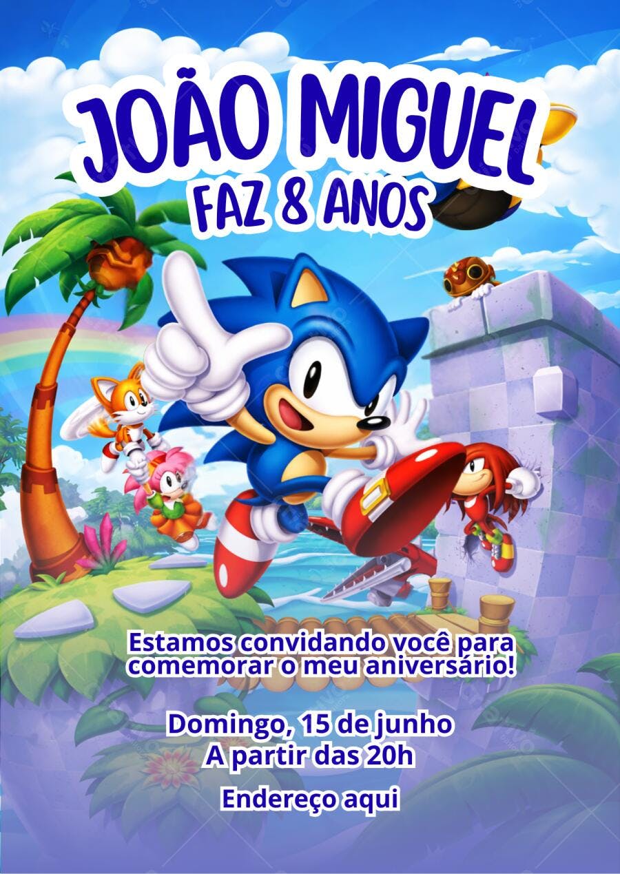 Convite de Aniversário Sonic 7 anos Editável no Canva