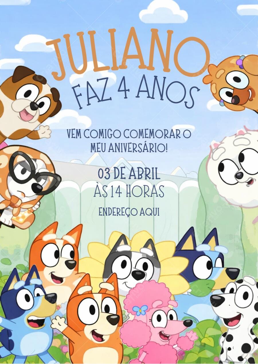 Convite de aniversário infantil Bluey e Bingo tema arco-íris Editável no Canva