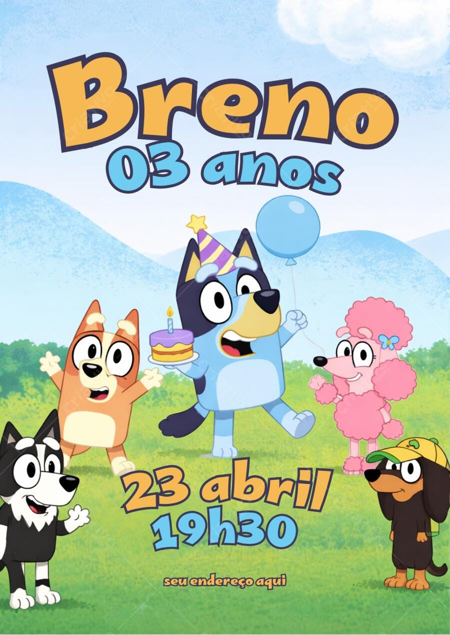 Convite de Aniversário Infantil Bluey Editável no Canva
