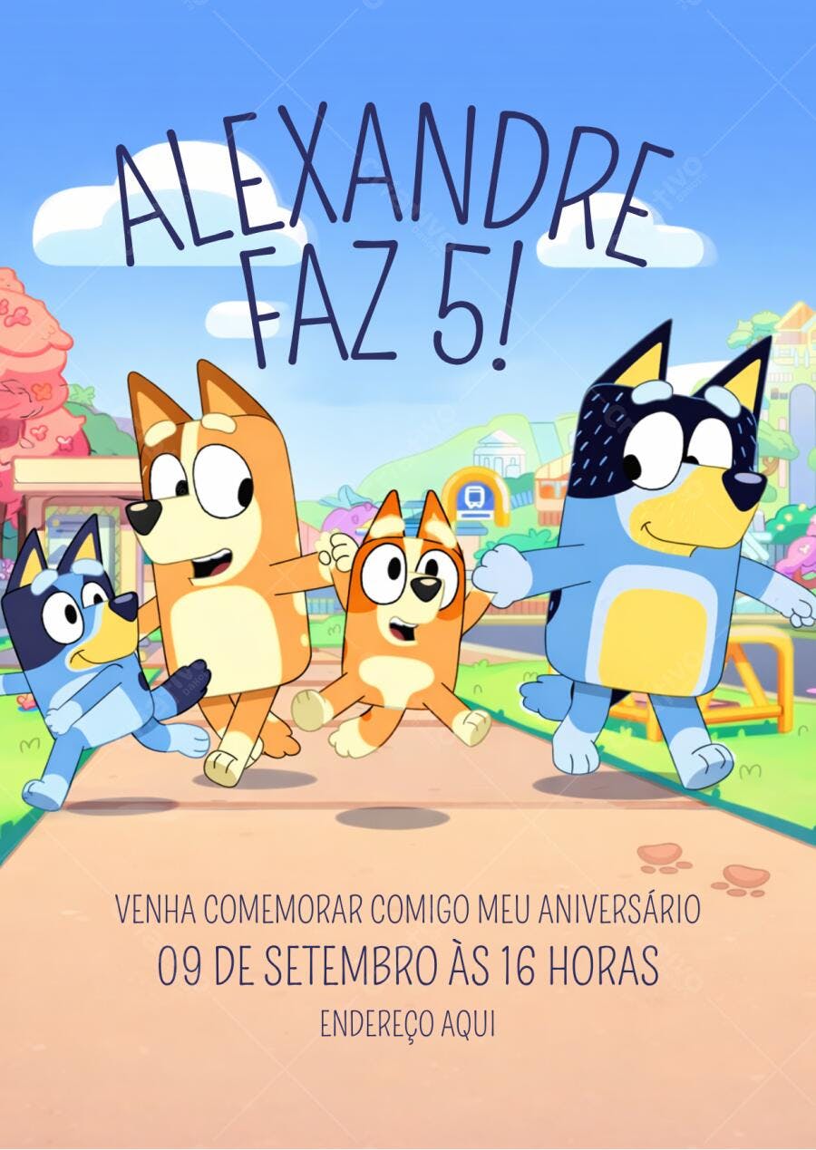 Convite de aniversário infantil Bluey e Bingo arco-íris Editável no Canva